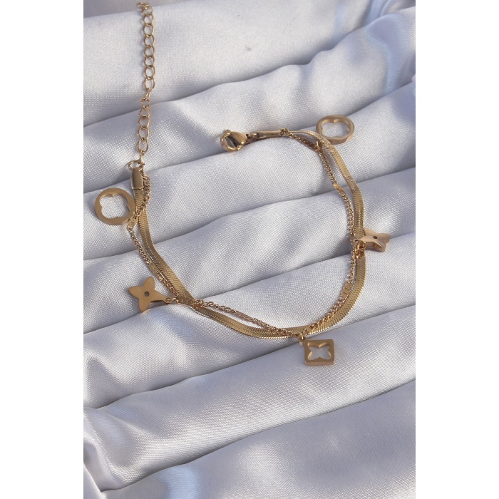 316L Çelik Gold Renk Çift Zincir Yonca Tasarım Bileklik - Lisinya