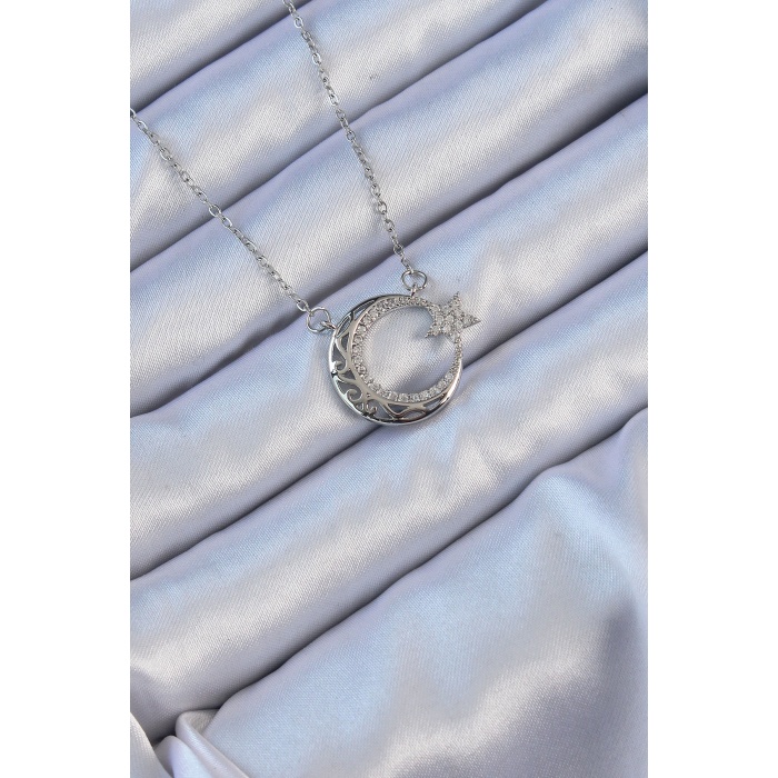 316L Çelik Zincir Gümüş Renk Zirkon Taşlı Motifli Ay Yıldız Kolye - Lisinya