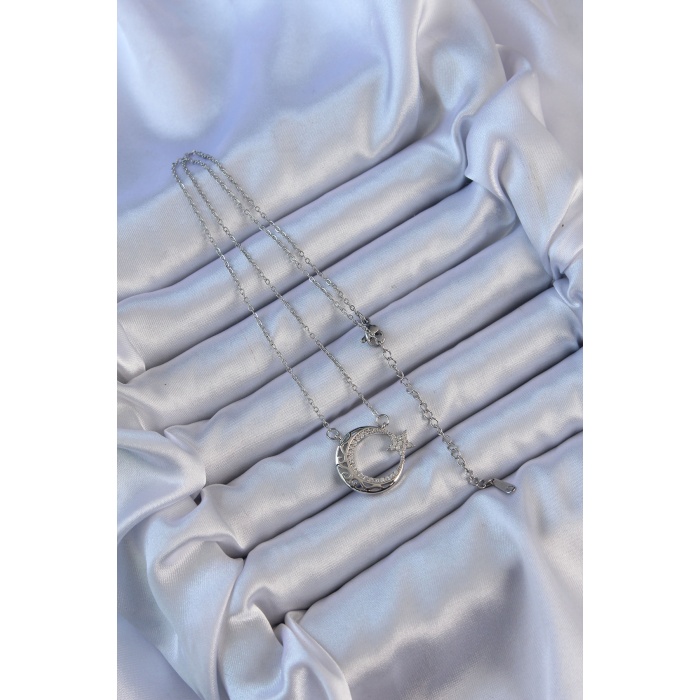 316L Çelik Zincir Gümüş Renk Zirkon Taşlı Motifli Ay Yıldız Kolye - Lisinya