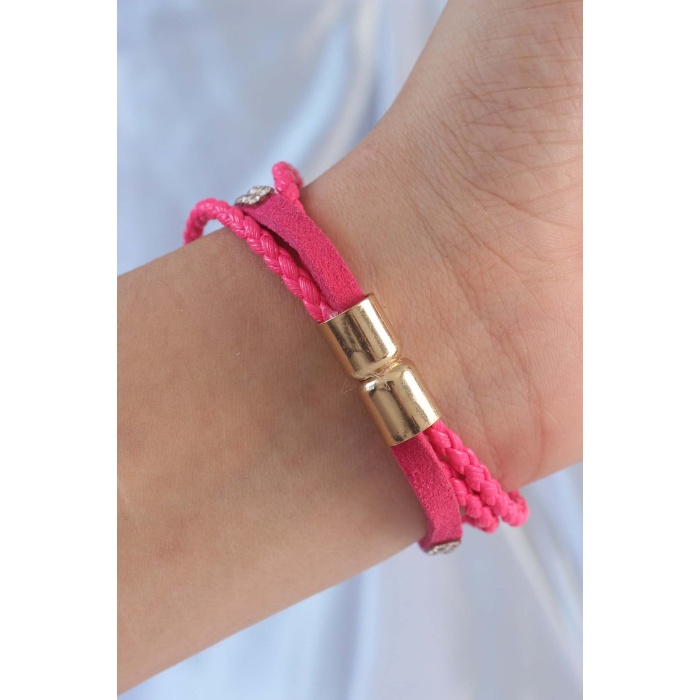 Pembe Renk Zirkon Taşlı Deri Çoklu Bileklik - Lisinya