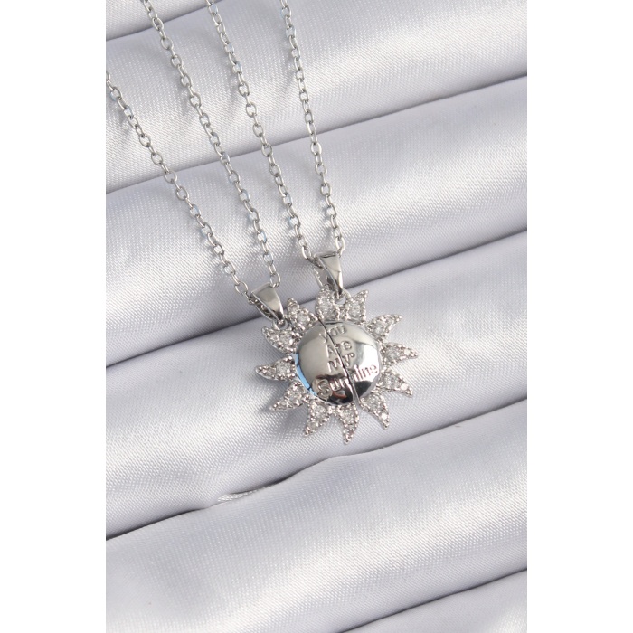 316L Çelik Gümüş Renk Zirkon Taşlı Güneş Model İşleme Yazı Detay Arkadaşlık Kolyesi - Lisinya