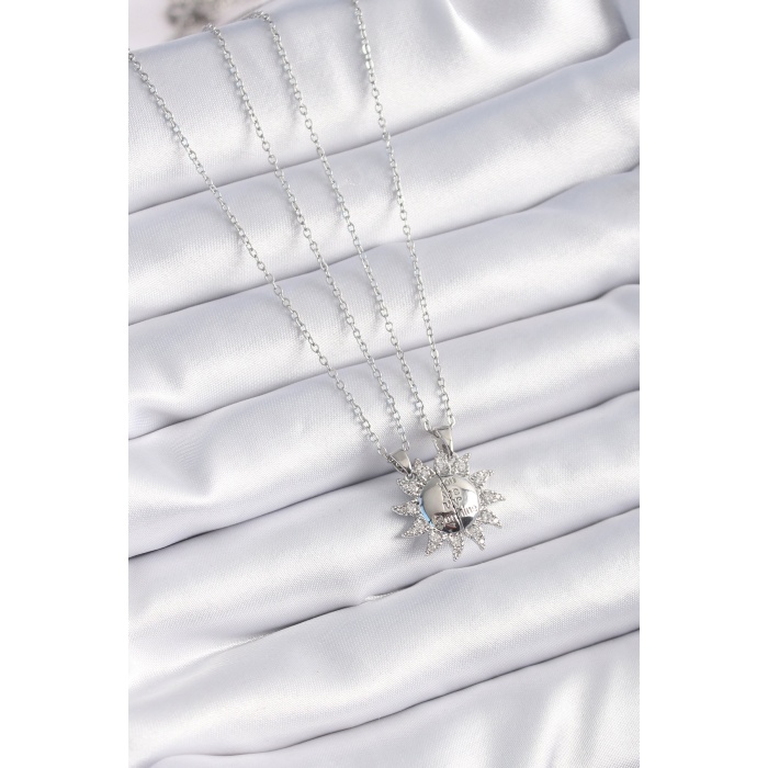316L Çelik Gümüş Renk Zirkon Taşlı Güneş Model İşleme Yazı Detay Arkadaşlık Kolyesi - Lisinya