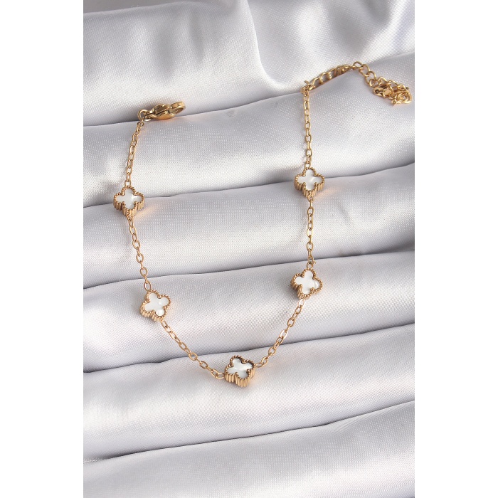 316L Çelik Gold Renk Beyaz Baby Boy Yonca Model Kadın Bileklik - Lisinya