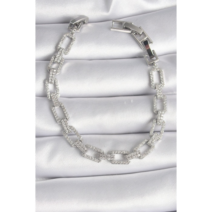 Pirinç Gümüş Renk Zirkon Taşlı Zincir Model VIP Seri Kadın Bileklik - Lisinya