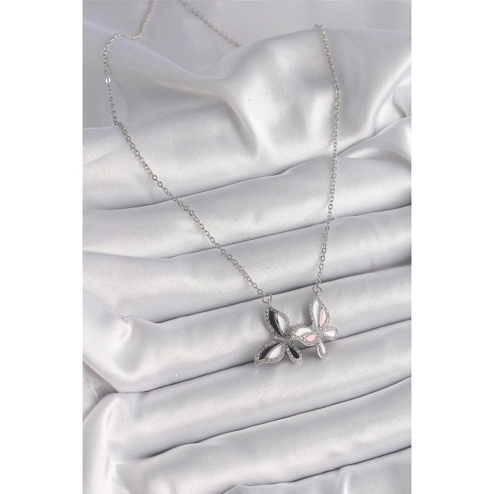 316L Çelik Gümüş Renk Zincir Zirkon Taşlı Renkli Kelebek Model Kadın Kolye - Lisinya