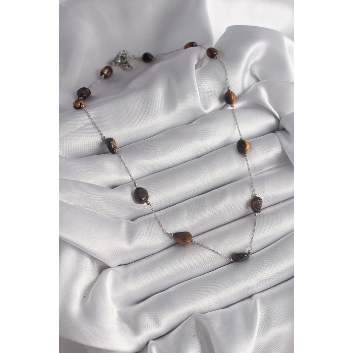 316L Çelik Gümüş Renk Zincir Kahverengi Doğaltaş Model Kadın Kolye - Lisinya