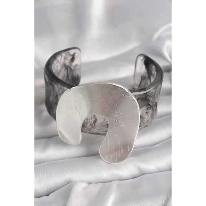 Siyah Mermer Desen Akrilik Plaka Vintage Kadın Bilezik - Lisinya