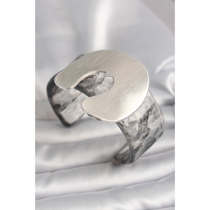 Siyah Mermer Desen Akrilik Plaka Vintage Kadın Bilezik - Lisinya