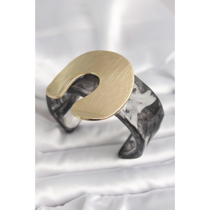 Siyah Mermer Desen Akrilik Plastik Gold Nal Model Plaka Vintage Kadın Bilezik - Lisinya