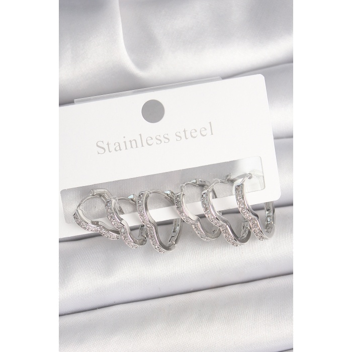 Pirinç Gümüş Renk Zirkon Taşlı 3 Çift Kalp Model Kadın Küpe - Lisinya