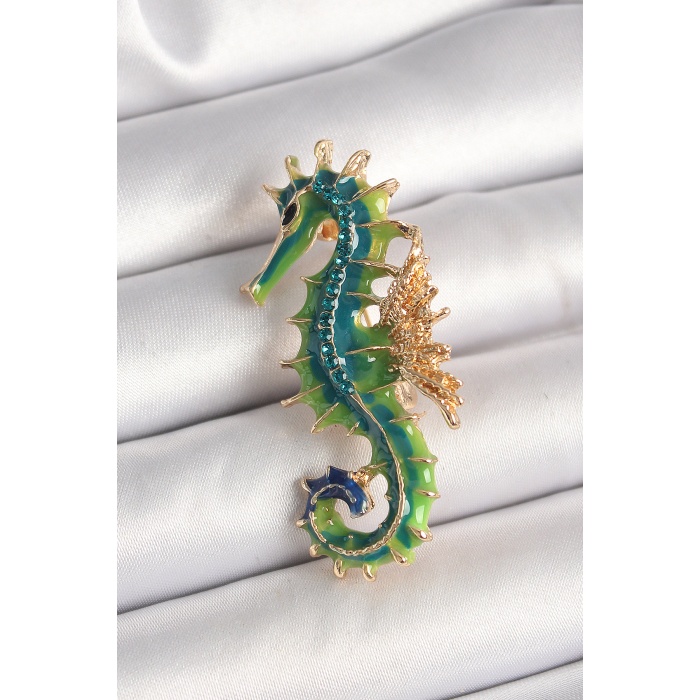 Pirinç Gold Renk Yeşil Deniz Atı Model Zirkon Taş Detay Kadın Broş - Lisinya