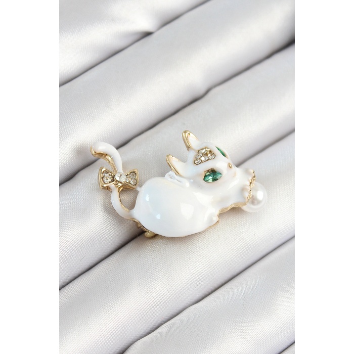 Zirkon Taşlı İnci Detaylı Beyaz 3D Kedi Figürlü Gold Renk Kadın Broş - Lisinya