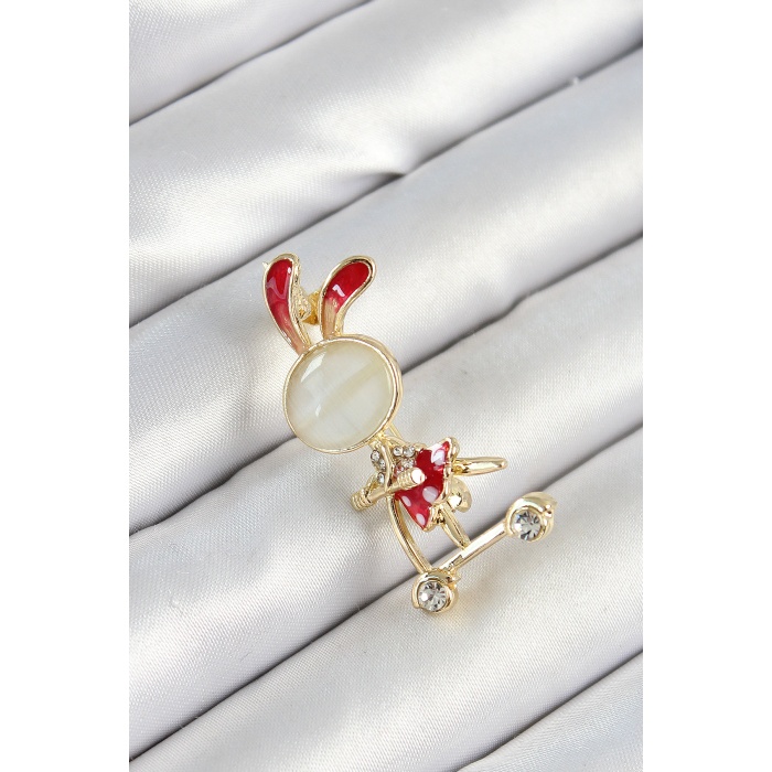 Zirkon Taş Detaylı Kırmızı 3D Scooter Süren Tavşan Kız Figürlü Gold Renk Kadın Broş - Lisinya