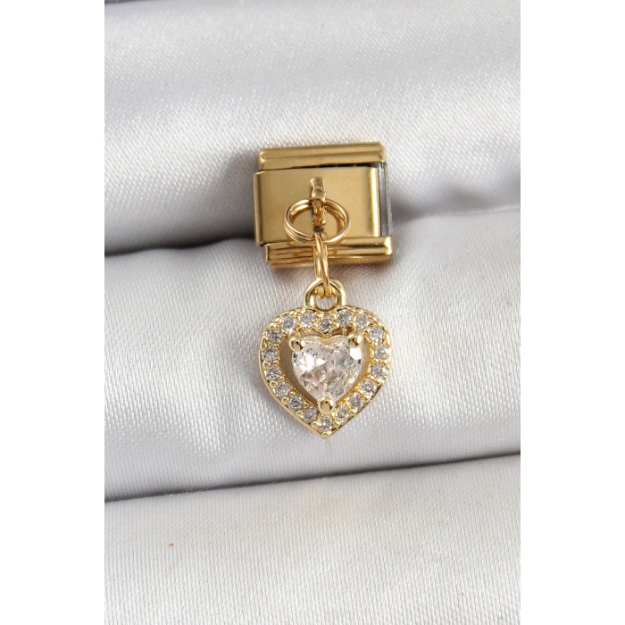 316L Çelik Sallantılı Zirkon Taşlı Kalp Model Gold Renk Nomination Charm - Lisinya