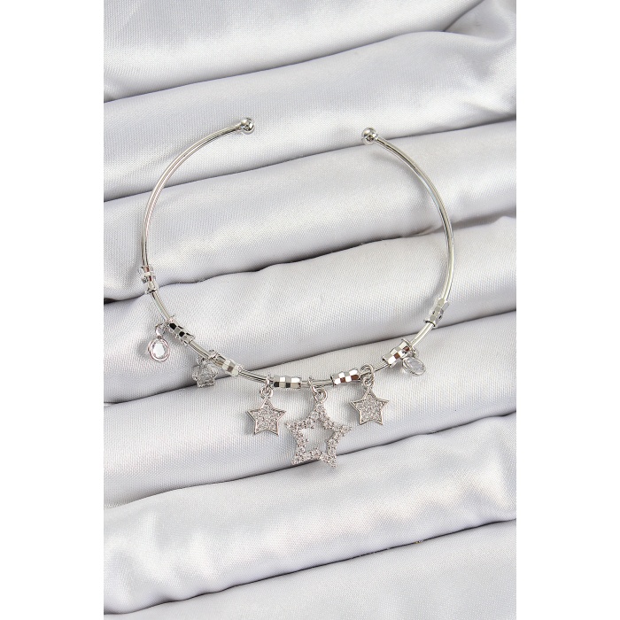 Pirinç Zirkon Taşlı Yıldız Model Gümüş Renk Charm Bileklik - Lisinya