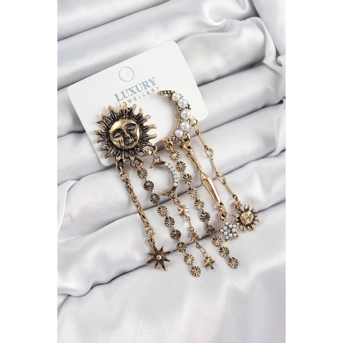 Pirinç Zirkon Taşlı Güneş Ve Ay Figürlü Eskitme Model Sallantılı Küpe - Lisinya