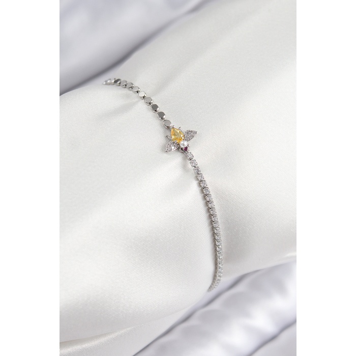 Pirinç Zirkon Taşlı Arı Model Ezme Zincir Gümüş Renk Kadın Bileklik - Lisinya