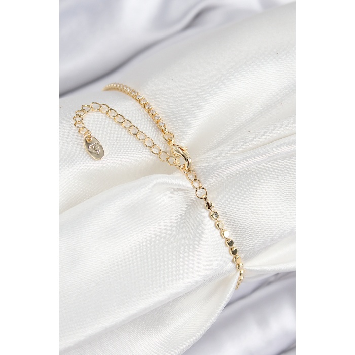 Pirinç Zirkon Taşlı Boncuk Model Ezme Zincir Gold Renk Kadın Bileklik - Lisinya
