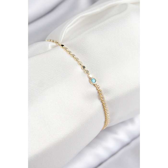 Pirinç Zirkon Taşlı Boncuk Model Ezme Zincir Gold Renk Kadın Bileklik - Lisinya