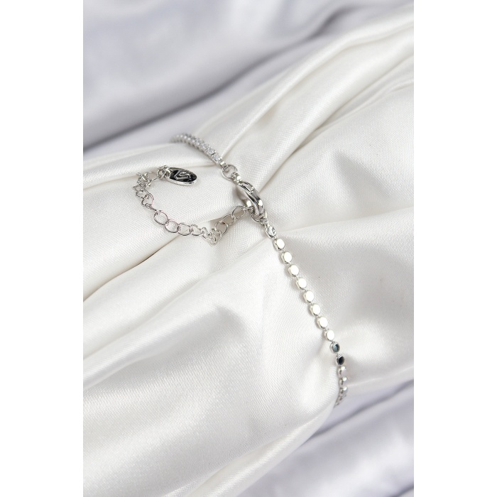 Pirinç Zirkon Taşlı Boncuk Model Ezme Zincir Gümüş Renk Kadın Bileklik - Lisinya