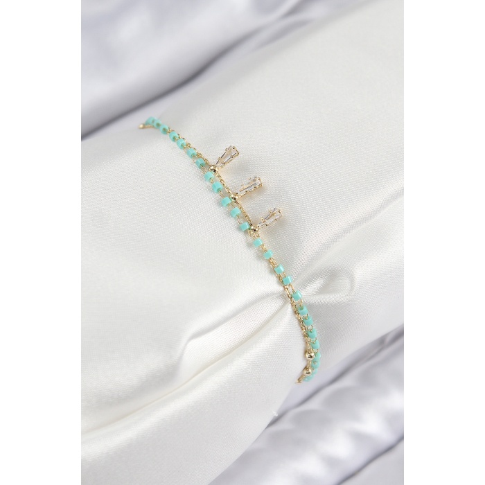 Pirinç Zirkon Taşlı Mavi Boncuklu Model Gold Renk Kadın Bileklik - Lisinya