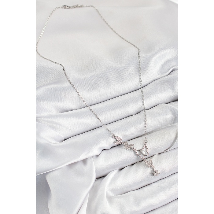 316L Çelik Zirkon Taşlı Kelebek Model Gümüş Renk Kadın Kolye - Lisinya