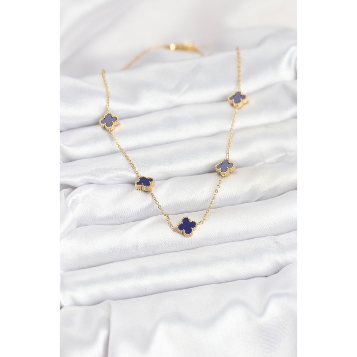 316L Çelik Zincir Gold Renk Lacivert Baby Boy Yonca Kadın Kolye - Lisinya