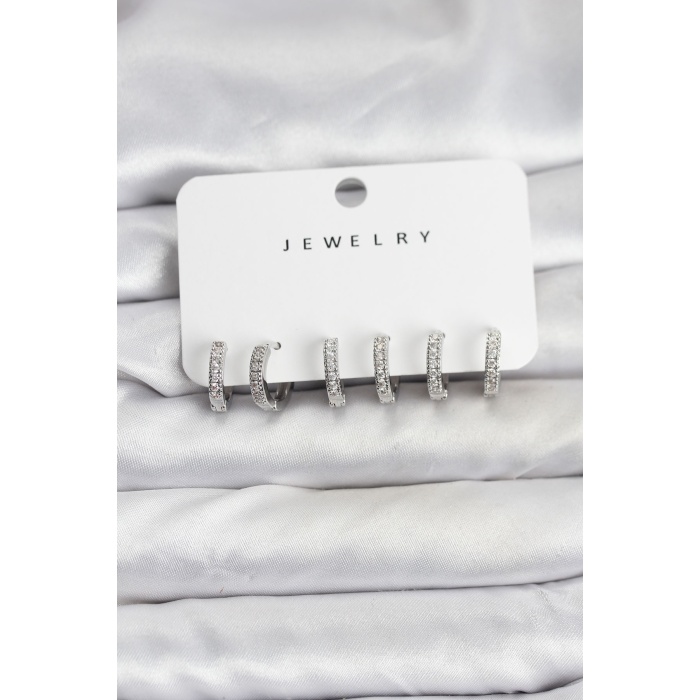 Gümüş Renk Pirinç Zirkon Taşlı Halka Kadın Küpe Seti - Lisinya