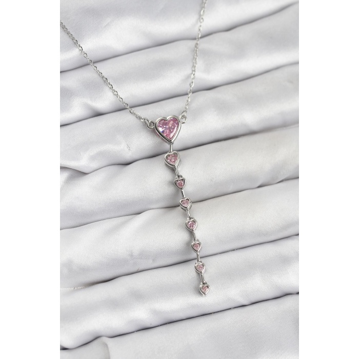 316L Çelik Zincir Gümüş Renk Pembe Kalp Kadın Kolye - Lisinya
