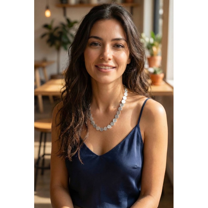 Yuvarlak Plaka Model Gümüş Renk Kadın Kolye - Lisinya