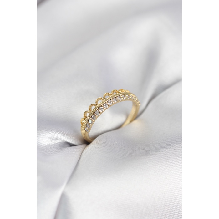 Motif Desenli Gold Renk Zirkon Taşlı Kadın Yüzük - Lisinya