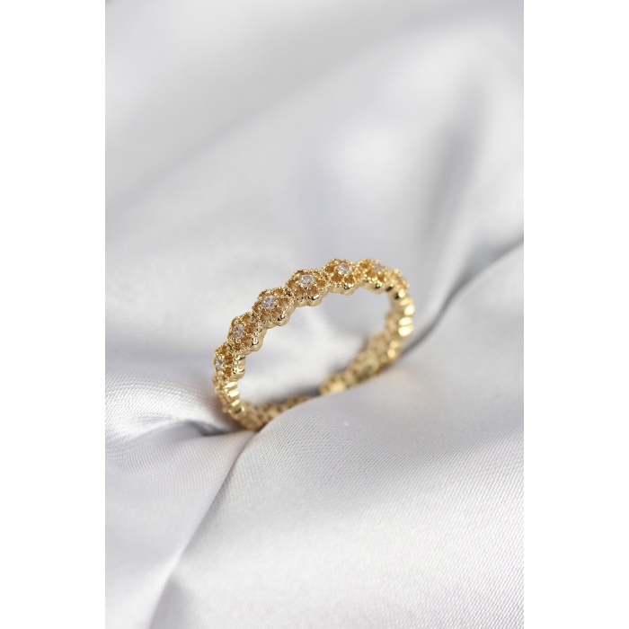 Sıralı Çiçek Model Gold Renk Zirkon Taşlı Kadın Yüzük - Lisinya