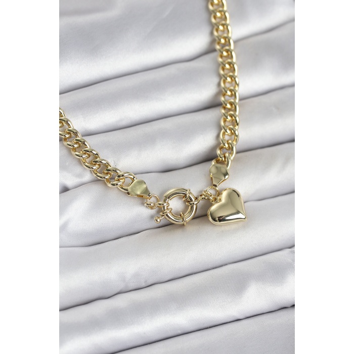 Kalp Detaylı Gold Renk Pirinç Kadın Kolye - Lisinya