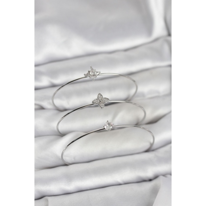 Zirkon Taşlı Gümüş Renk Yonca Model 3lü Kadın Bileklik Kombini - Lisinya