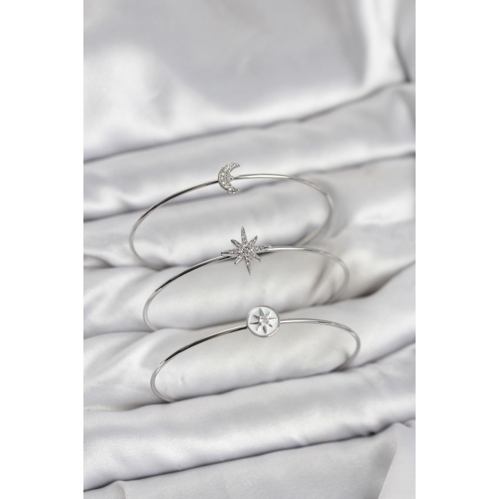 Gümüş Renk Zirkon Taşlı Kutup Yıldızı Model 3lü Kadın Bileklik Kombini - Lisinya