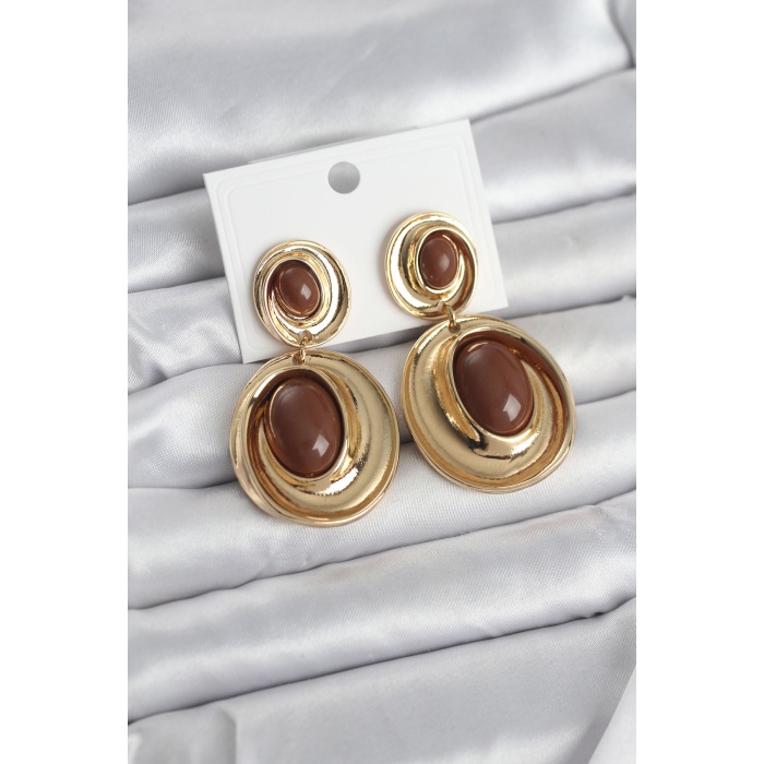 Kahverengi Sallantılı Damla Model Gold Renk Vintage Kadın Küpe - Lisinya