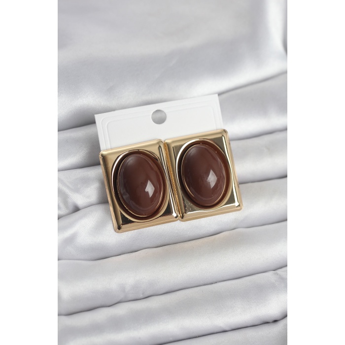 Kahverengi Kare Model Vintage Gold Renk Kadın Küpe - Lisinya