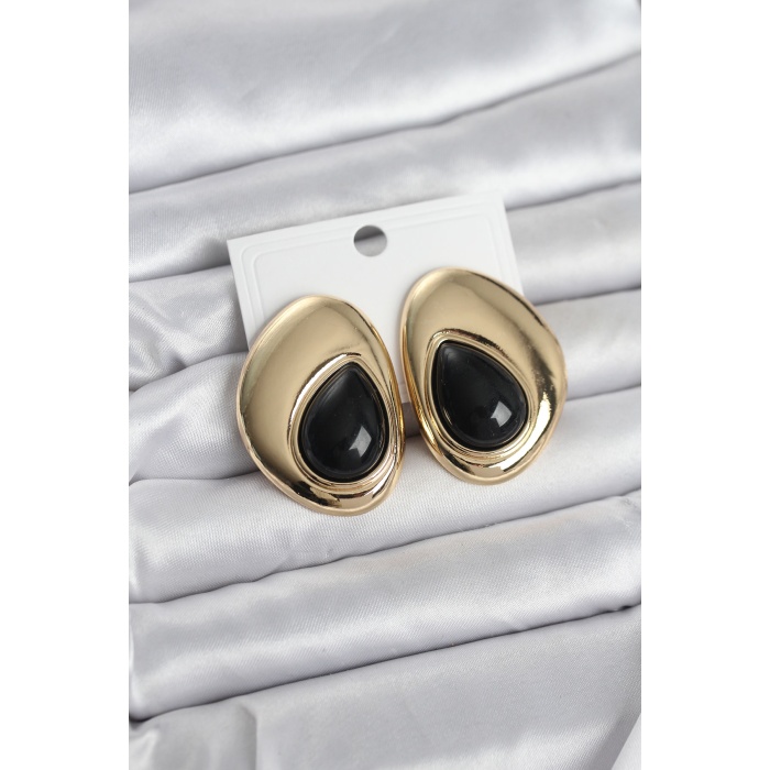 Pirinç Gold Renk Siyah Taşlı Damla Model Vintage Kadın Küpe - Lisinya