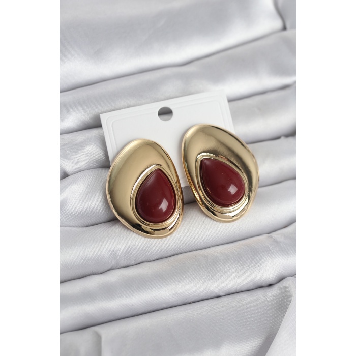 Pirinç Gold Renk Bordo Taşlı Damla Model Vintage Kadın Küpe - Lisinya