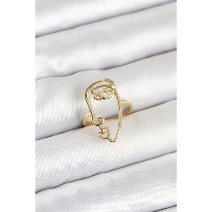 Pirinç Gold Renk Picasso Tarzı Tek Çizgi Yüz Model Kadın Yüzük - Lisinya