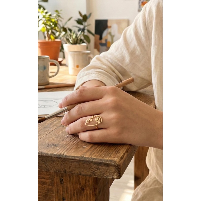 Pirinç Gold Renk Picasso Tarzı Tek Çizgi Yüz Model Kadın Yüzük - Lisinya