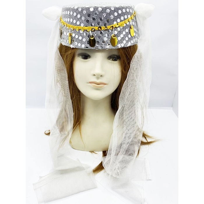 Beyaz Duvaklı Altın Pul İşlemeli Kına Fesi Kına Şapkası Oryantal Şapkası - Lisinya