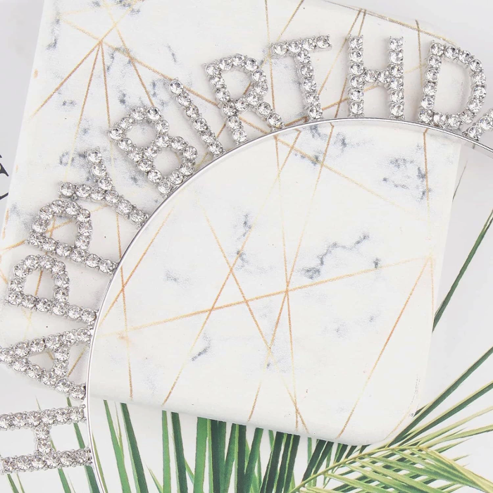 Gümüş Kristal Taşlı Happy Birthday Doğum Günü Tacı İthal Ürün A Kalite 17x16 Cm - Lisinya