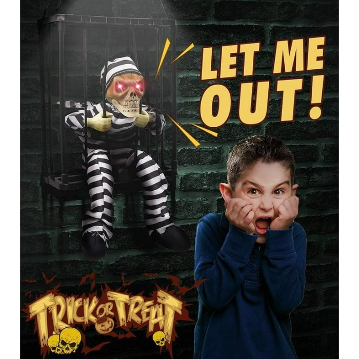 Hareketli Sesli Sensörlü Mahkum Görünümlü Kuru Kafa İskelet Dekorasyon 22x27 Cm - Lisinya