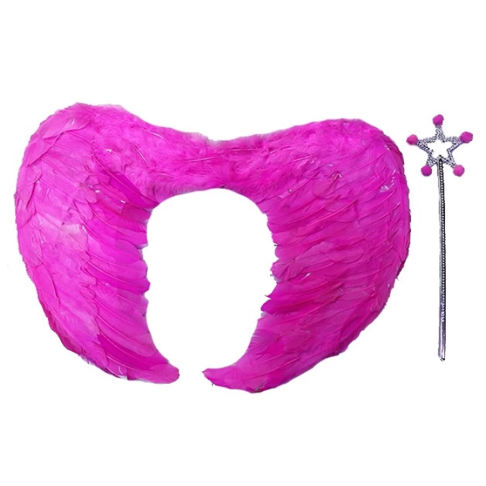 Gerçek Tüylü Katlanabilir Çocuk Pembe Melek Kanadı Ve Asa Seti 40x55 Cm - Lisinya