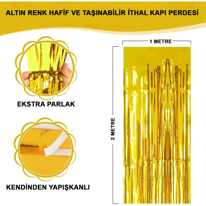 Altın Gold Renk Ekstra Metalize Parlak Saçaklı Arka Fon Perde İthal A Kalite 1x2 Metre - Lisinya