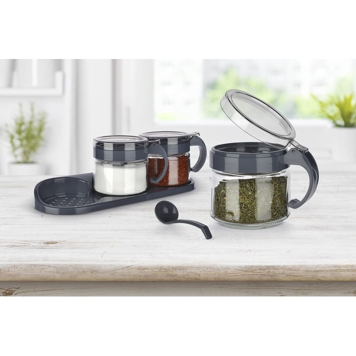 Baharat Seti 3 Adet Kaşıklı Standlı Cam Baharatlık - Lisinya