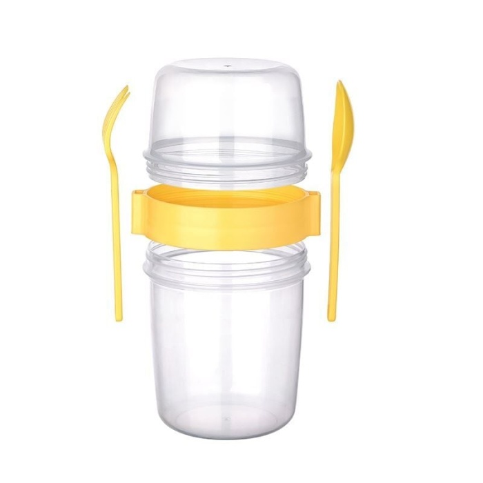 Çift Hazneli - Çatal Kaşıklı Portatif Müsli -Atıştırmalık Kabı 800 ML - Lisinya