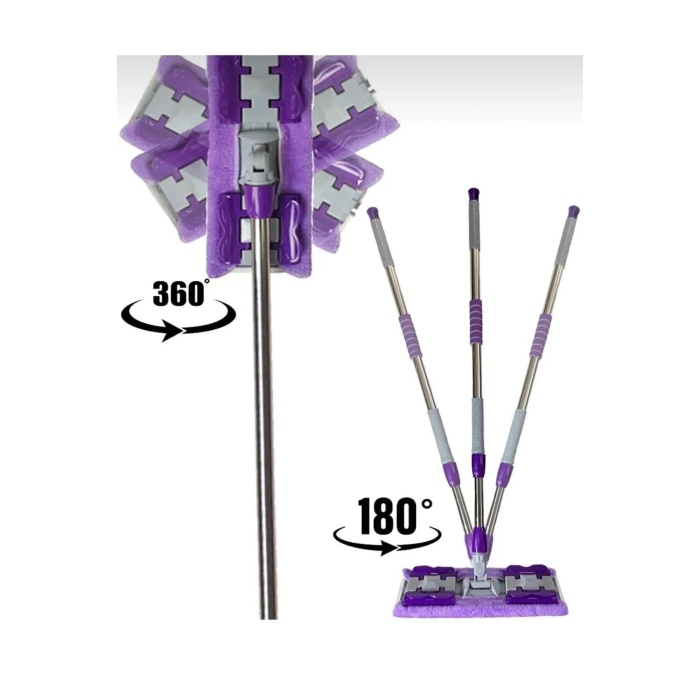 Teleskobik Cam Yer Tavan Silme - İstediğin Bezi Tak Kullan - 4 Mandallı -Yedek Bezli Mop Seti - Lisinya