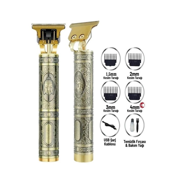 Gold Uçlu Vintage  Şarjlı Traş Makinesi Saç Sakal Ense Çizim Vucüt Kılı Tıraş Makinası - Lisinya